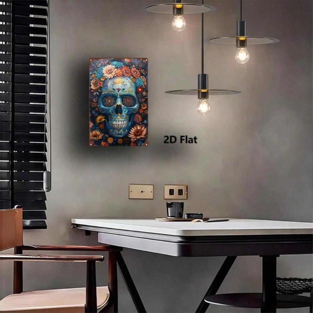 1pc 2D Mexican Skull Iron Wall Art, 8x12in Durable Metal Plaque, Floral Decor, Vintage Goth Home Room Sign