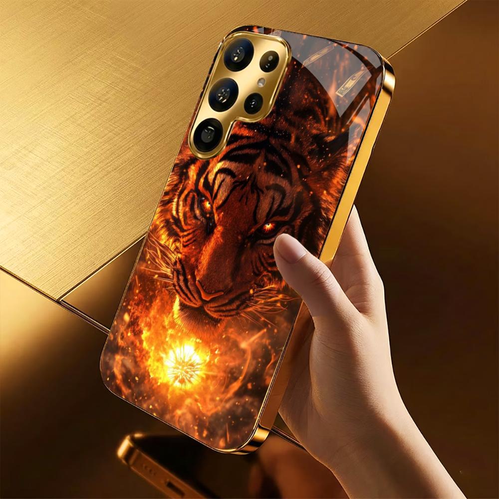 Luxurious The King Tiger PhoneCase Electroplating Glass PhoneCase for Samsung Galaxy S26 S25 S24 S23 S22 S21 FE,Ultra,Plus