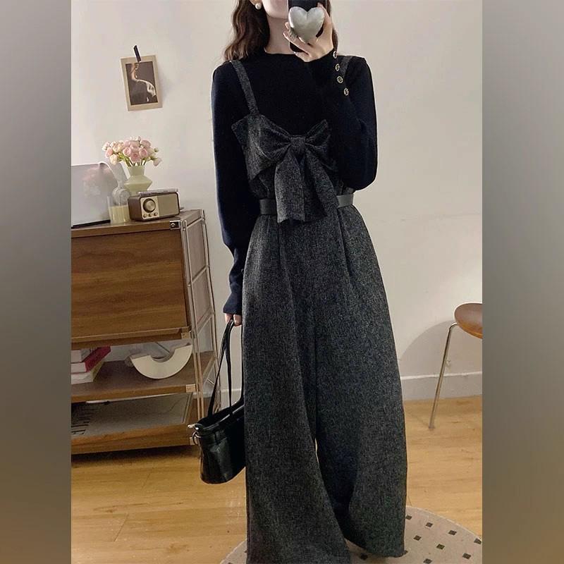 

Retro Hong Kong Style Bowknot Wool Tweed Overalls - Slim-Fit Base Layer for Autumn/Winter 2025 XL (115-125 jin)