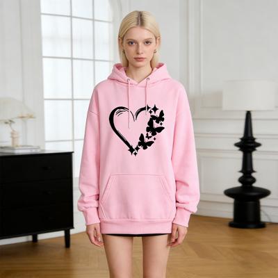 Women's Graphic Hoodie Heart Butterfly Print Drawstring Long Sleeve Pullover Sweatshirt Fall Casual Oversized Hooded Top with Pocket