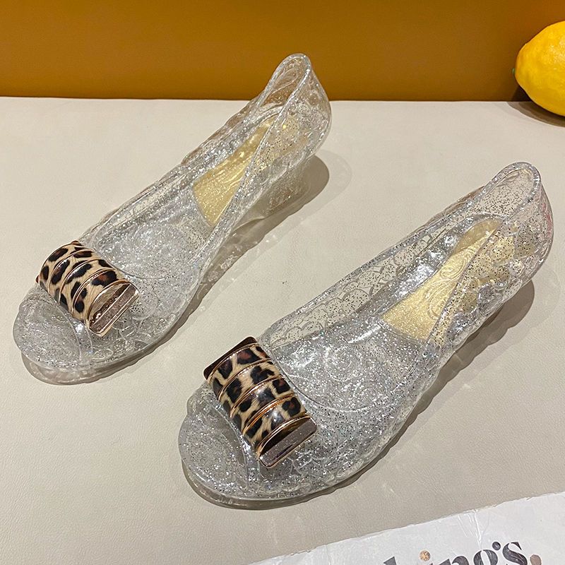 Crystal Jelly Cool Slippers for Women Summer Fish Mouth Hollow Wedge Heels Fashionable High Rise Plastic Slippers for External Wear