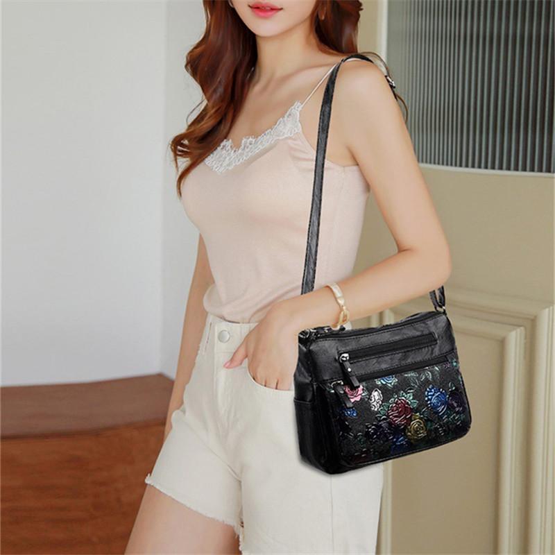 Fashion Rose Print Crossbody Shoulder Bag, Retro Black Leather Sling Purse with Multi-Pocket Design for Woman Shoulder Bags