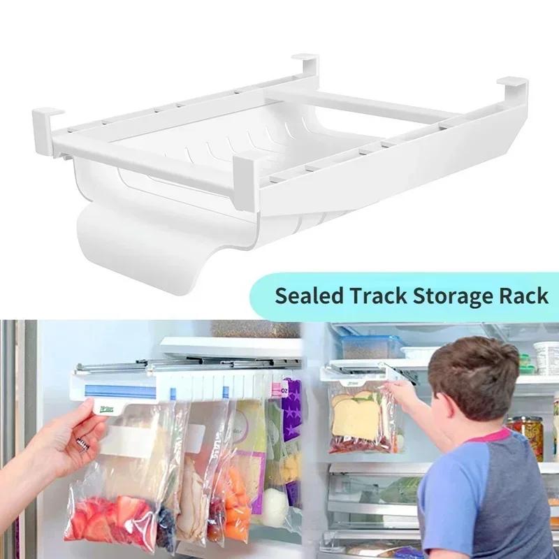Kitchen Portable Telescopic Storage Rack Refrigerator Hanging Storage Clip Multifutional Sliding Rail Tray for Food Bag Zip-bag