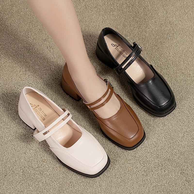Mary Jane μαύρα μικρά δερμάτινα παπούτσια γυναικεία φθινοπωρινά νέα στρογγυλή μύτη ευέλικτα με φούστα ρετρό χοντρό τακούνι μονοκόμματα παπούτσια