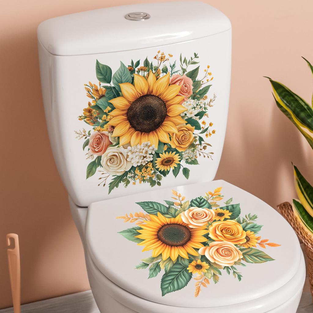 2 Blatt Schöner Goldener Blume Toilettenaufkleber Badezimmer Toilettendeckel Dekorativer Aufkleber Wasserdicht Selbstklebend