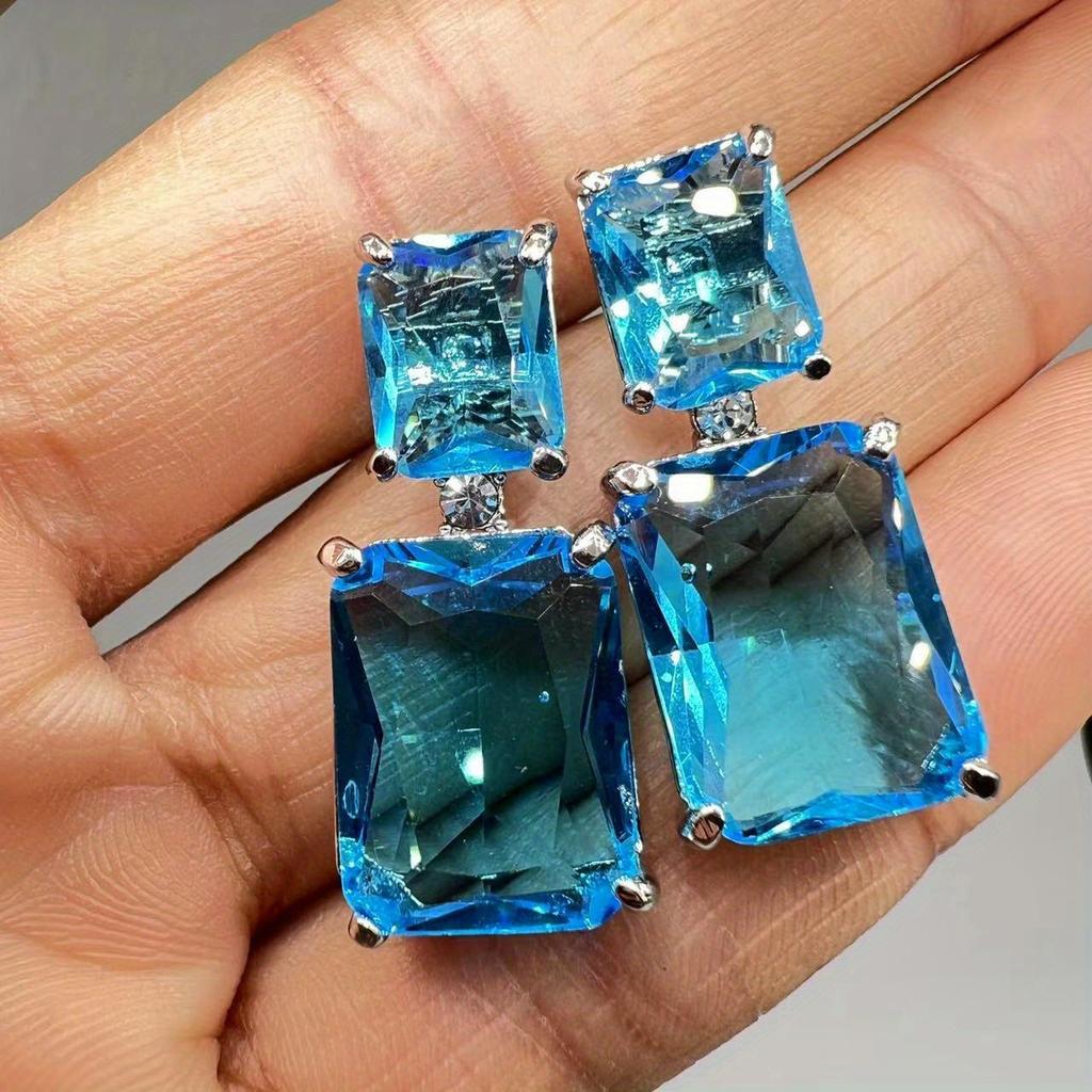 Luxuriöse Vintage Quadratische Blaue Zirkon Anhänger Ohrringe Für Damen Mode Raffiniert Boho Party Hochzeitsgeschenk Accessoires