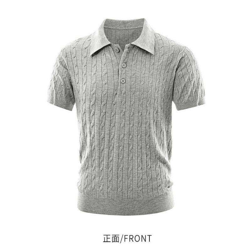 Men Business Casual Cable Knit Short Sleeve Collared Polo Shirt