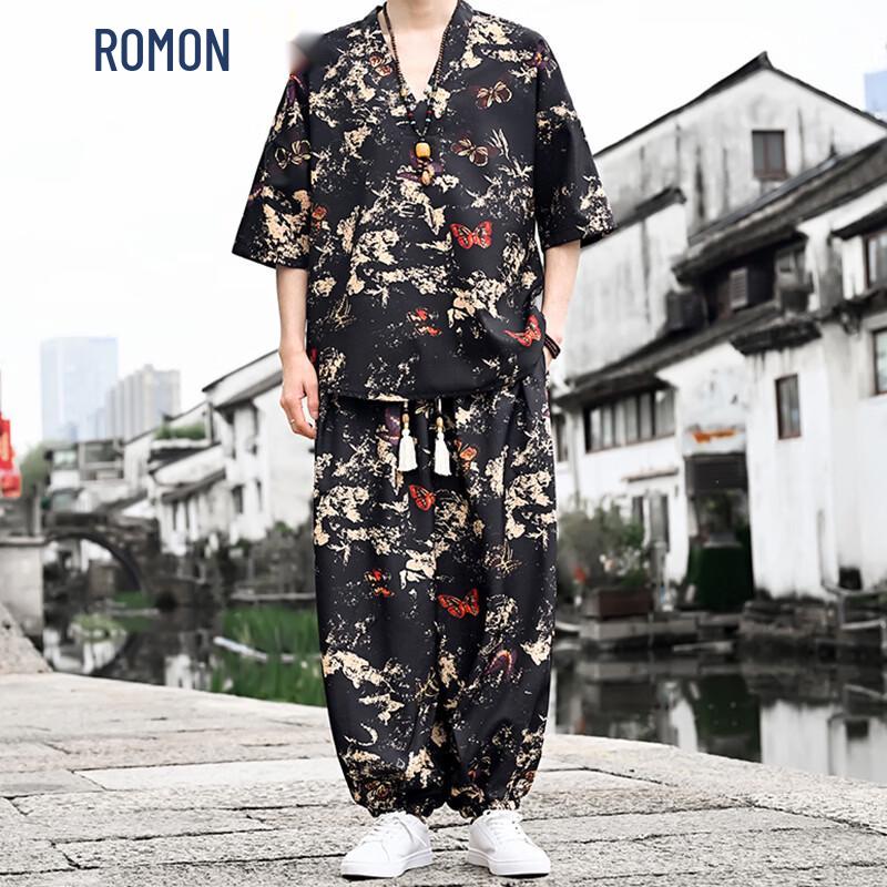 ROMON Men s New Chinese Style Linen Print Short Sleeve Set 5XL
