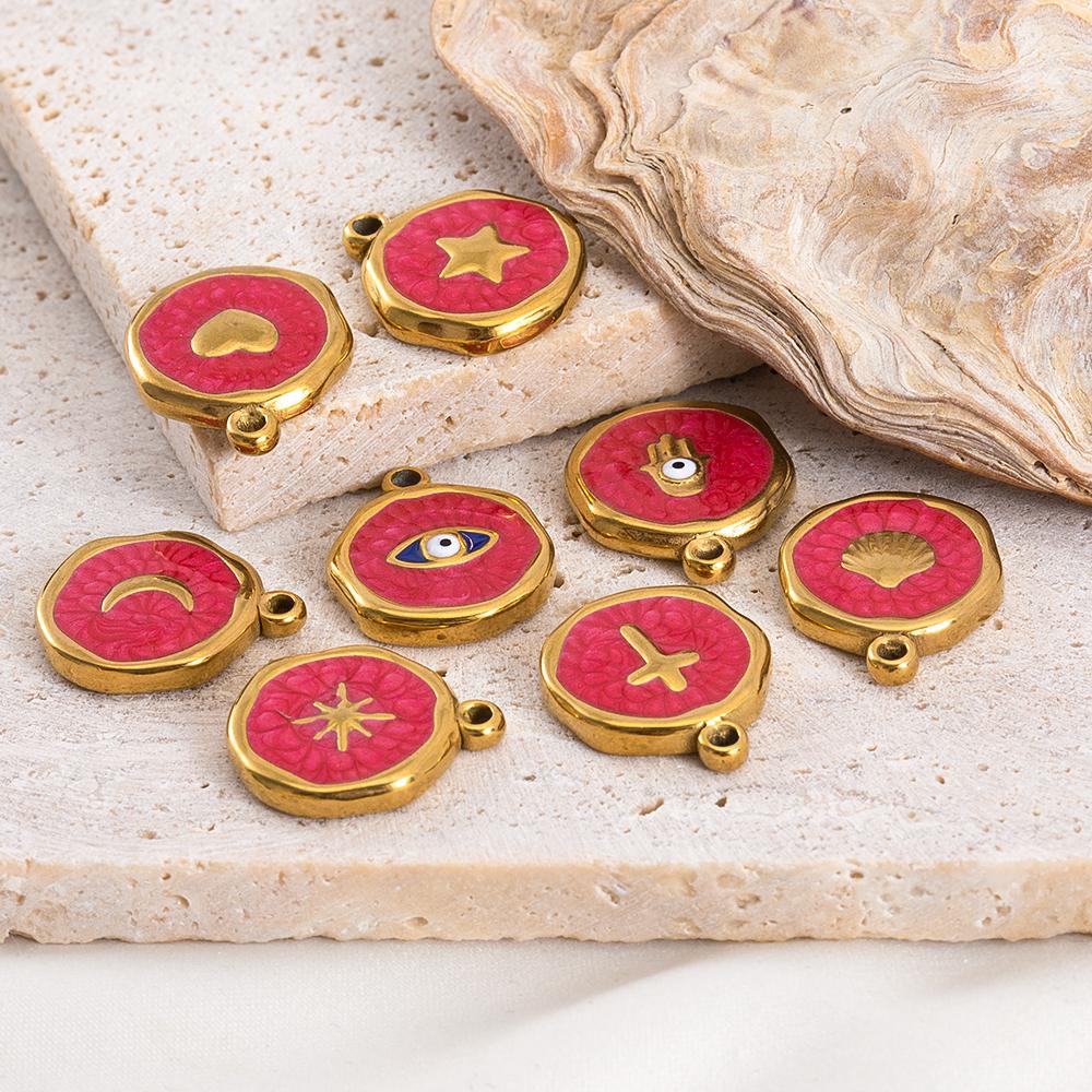 5 Pcs/Lot French Retro Style Enameled Round Stainless Steel Multi Pattern Pendant For DIY Necklace Jewelry Accessories Wholesale