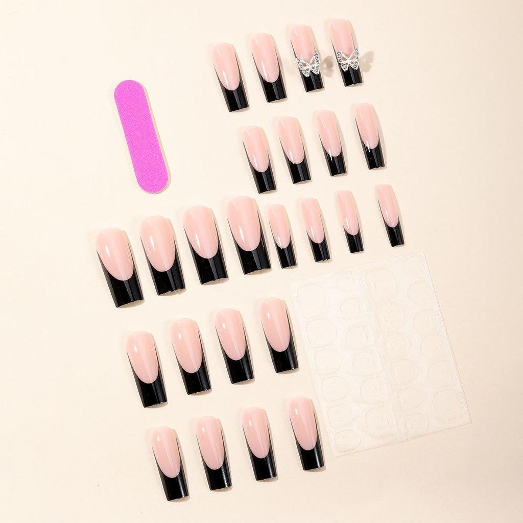 Detachable Black French Edge Rhinestone Butterfly Long Nail Tips