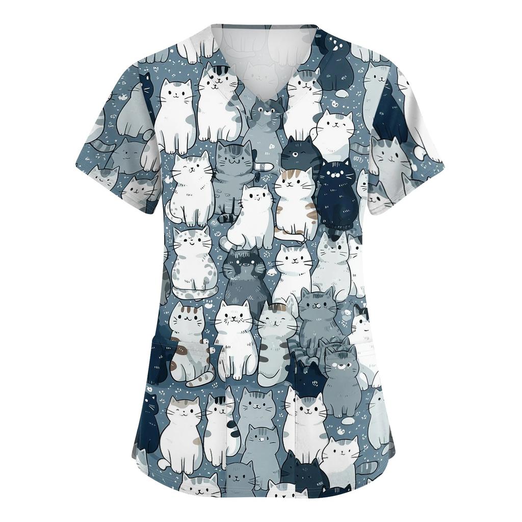 Top da Lavoro da Donna con Scollo a V, Manica Corta, Spacchi Laterali e Tasche, Stampa Animalier, Camice Medico, Vestibilità Comoda