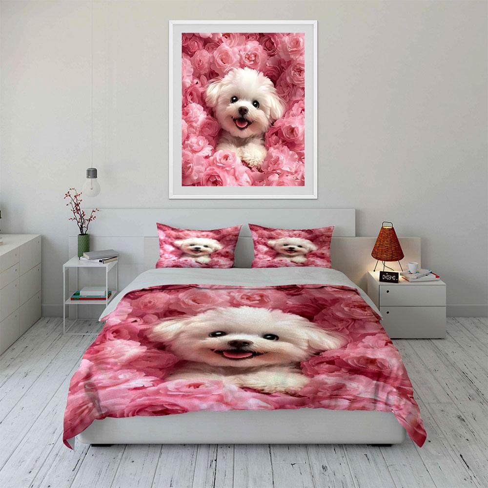 White Puppy Surrounded By Pink Flowers Pattern Duvet Cover Set Digital Print Colorful Polyester Bedding With Zipper Closur