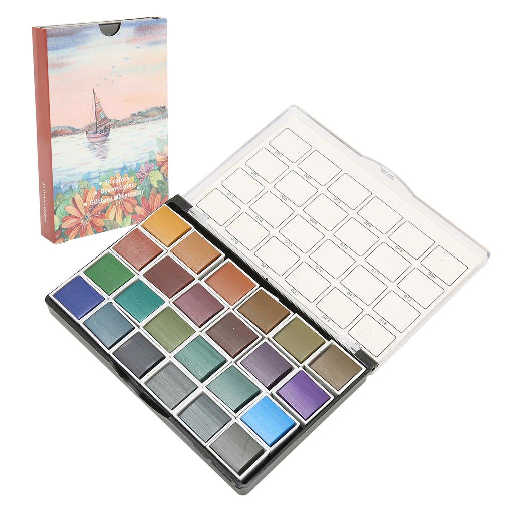 24 Colors Watercolor Paint Set Retro Pearlescent Effect High Color Rendering Watercolor Set for