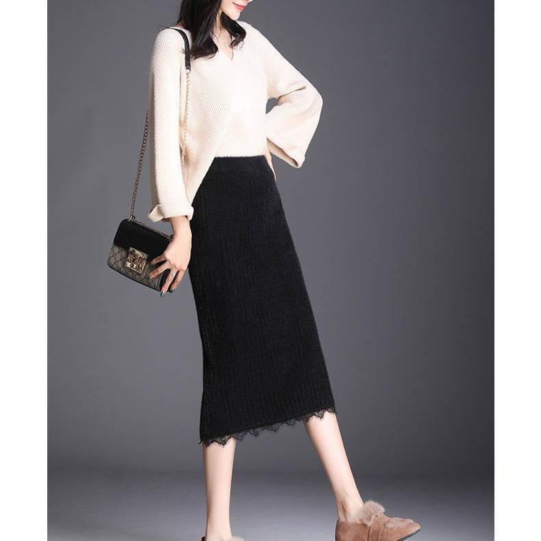 

Осенне-зимняя женская трикотажная юбка миди, женская юбка с высокой талией, плотная искусственная норковая бархатная кружевная тонкая юбка на один шаг M чёрный