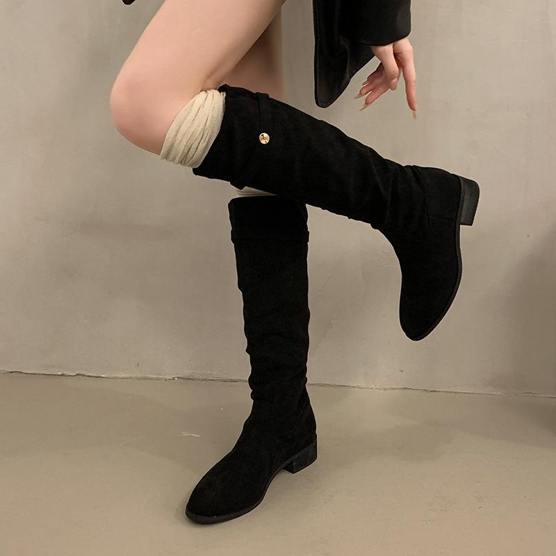 Coarse Heel Suede Khaki Pile Medium Tube Knight Boots Women's Shoes New Autumn and Winter Skinny Long Tube Long Boots