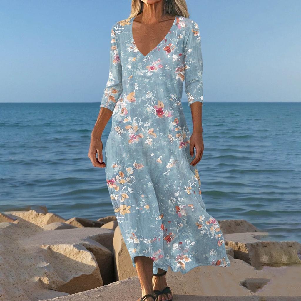 Sukienki Damskie Sukienka Midi z Tuniką w Stylu Vintage z Nadrukiem, z Wcięciem w Talii, Letnia Codzienna Sukienka z Rękawem 3/4