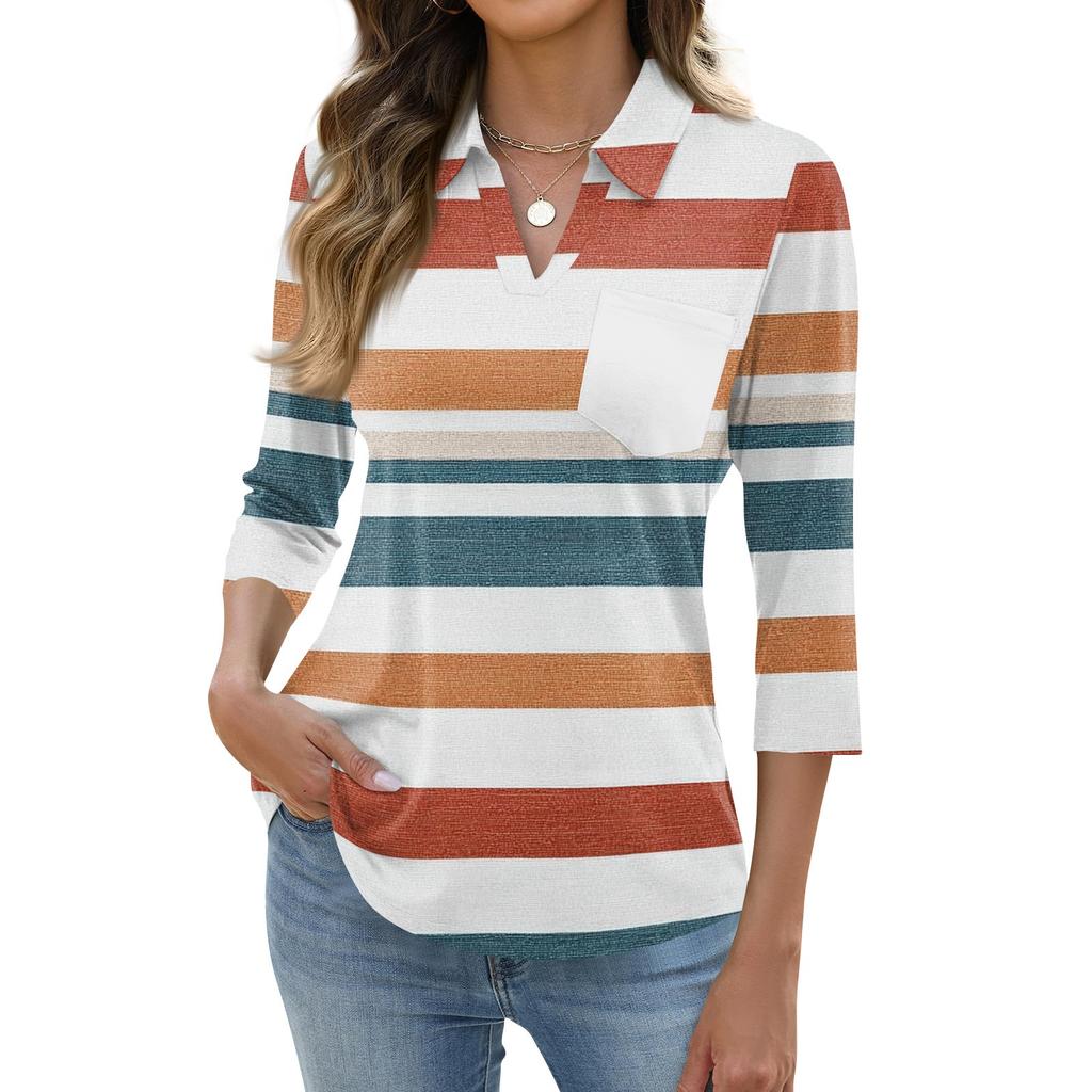 Damen Mode Lässig Revers Kurz 3/4 Ärmel Print Hemd Damen Oberteile