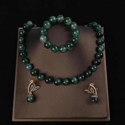 Elegant Temperament: Jade & Zircon Retro Sweater Chain Bracelet & Earring Set