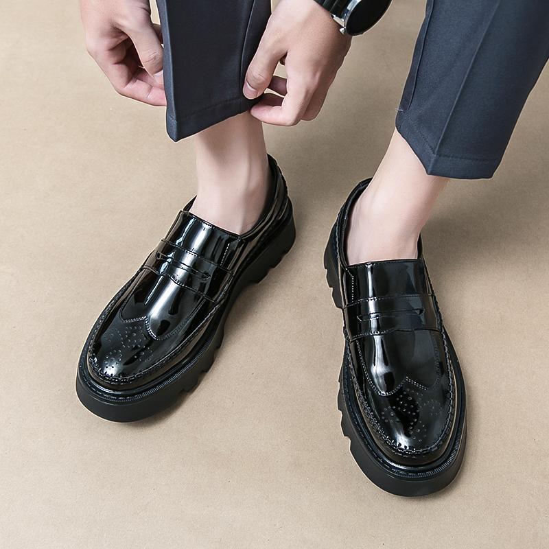 Fashion New Black Patent Leather Loafers Platform Men Shoes Round Toe Solid Slip-On Size 38-44 Mens Shoes