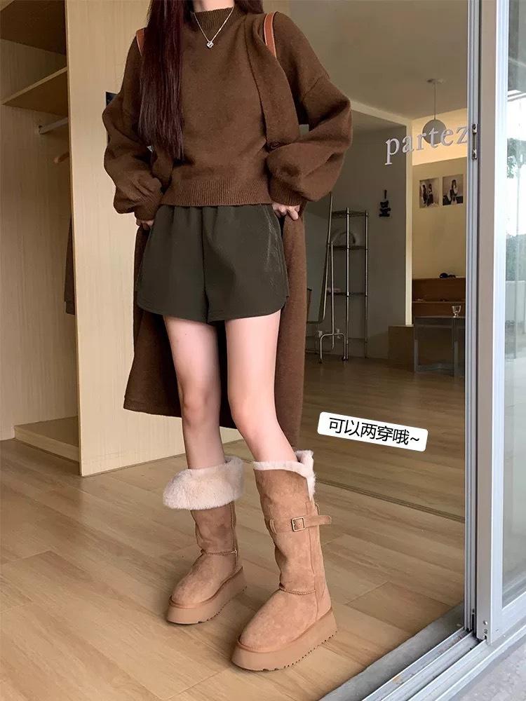 Cowhide Version Autumn and Winter New Two-wear Buckle Belt Thick-soled Fluffy Flanged Warm Cotton Shoes Medium Tube Snow Boots