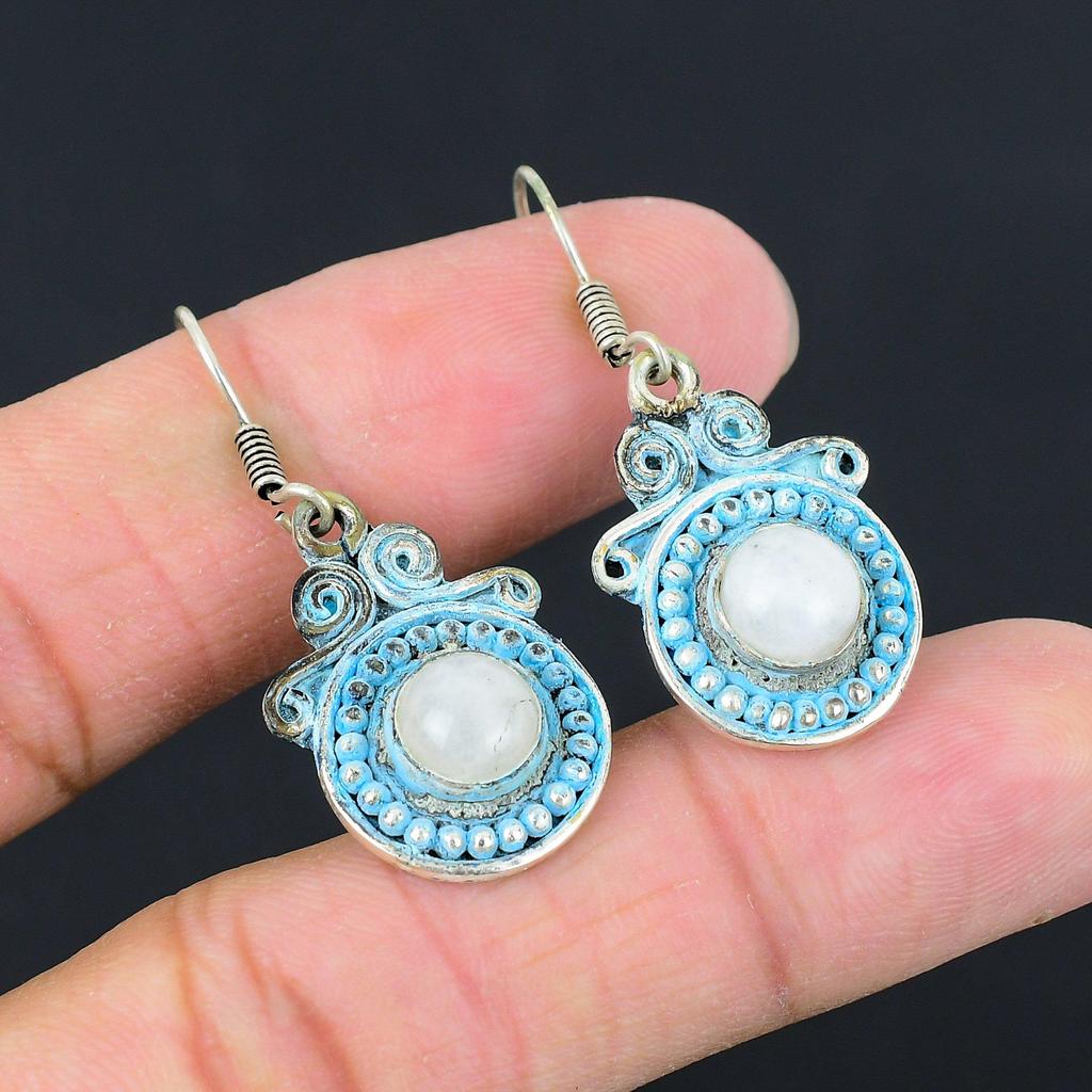 Halloween Sale Rainbow Moonstone Stone 925 Silver Dangle Drop Earrings Jewelry