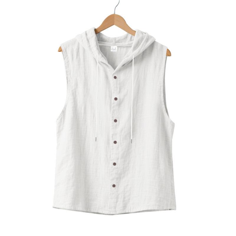 2025 Summer Mens Sleeveless Shirt New Men Loose Casual Linen Hooded Shirt Male Thin Waistcoat Male Trendy Casual Shirt