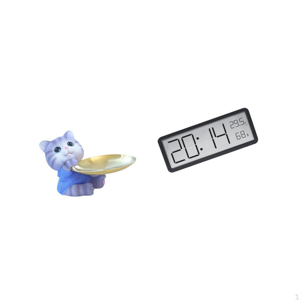 Modern Cat Resin Statue Tray with Digital Clock Display Multipurpose Home Decor Sculpture for Dining