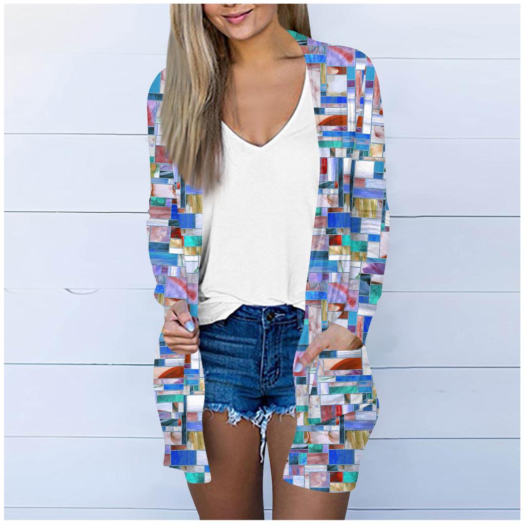 Women's Fashion Loose Casual Long Sleeve Printed Mid-Length Cardigan Jacket Top
