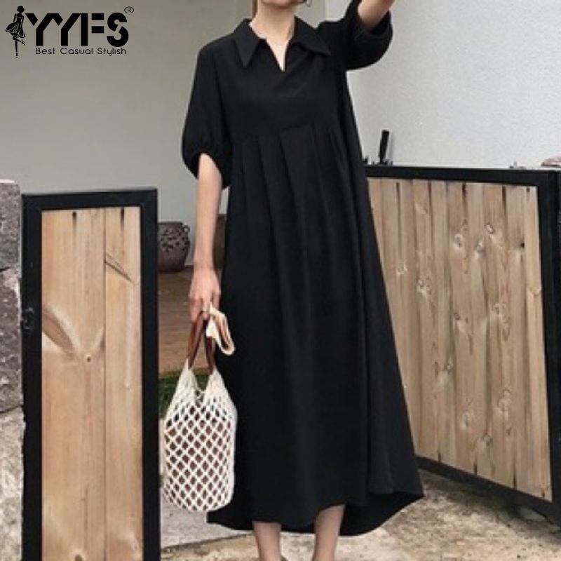 YYFS Kadın Modası Yaz Bahar Düz Renk Baskılı Kısa Kollu POLO Yaka Bol Bel Günlük Elbiseler
