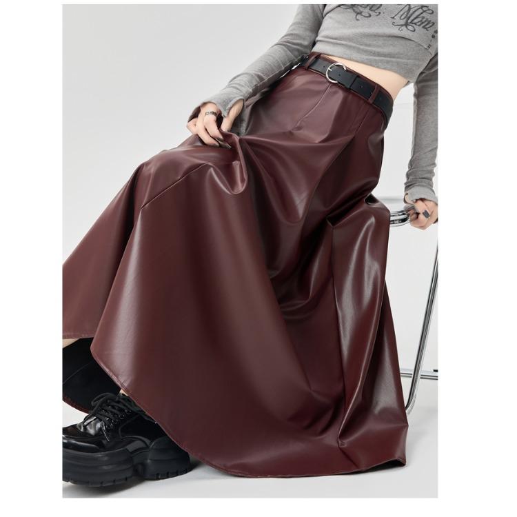 Winter Women PU Leather Skirt Long Pleated High Waist A Line Fashion Clothes