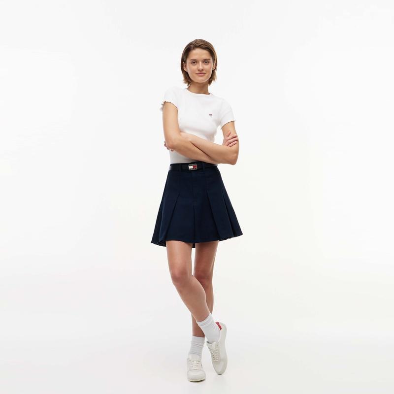 Tommy Hilfiger Cotton Micro-Fleece Trendy College Style High-Waisted A-Line Pleated Denim Skirt Women skirts DW0DW23149