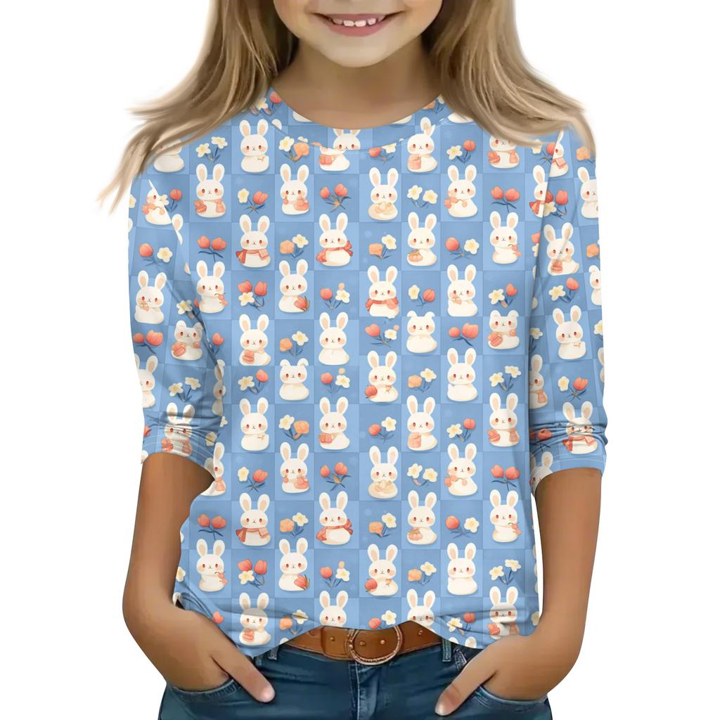 Print Tops For Youth Girls Round Neck 3/4 Sleeves T-Shirts Trendy Tops Outfit Tees
