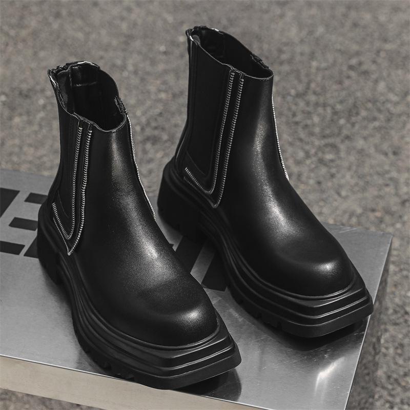 2024 Autumn Men's Fashionable Square-Toe Thick-Soled Zipper Mid-Tube Martin Boots