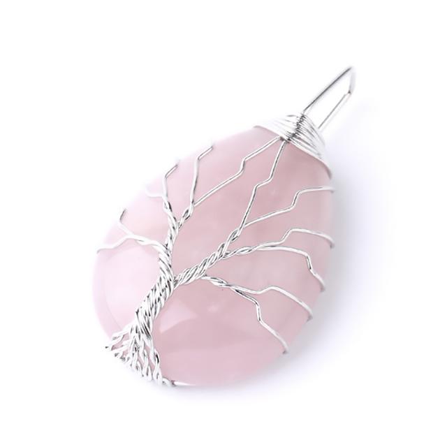 CSJA Tree of Life Crystals Necklace Pendant Water Drop Natural Stone Necklaces Wire Wrap Rose Amethysts Quartz Tiger Eye G953