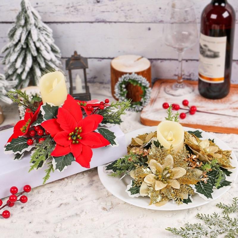 Holiday Elegant Centerpiece Flower Wreath Desktop Candle Stick Decoration For Christmas, 5Pieces Set