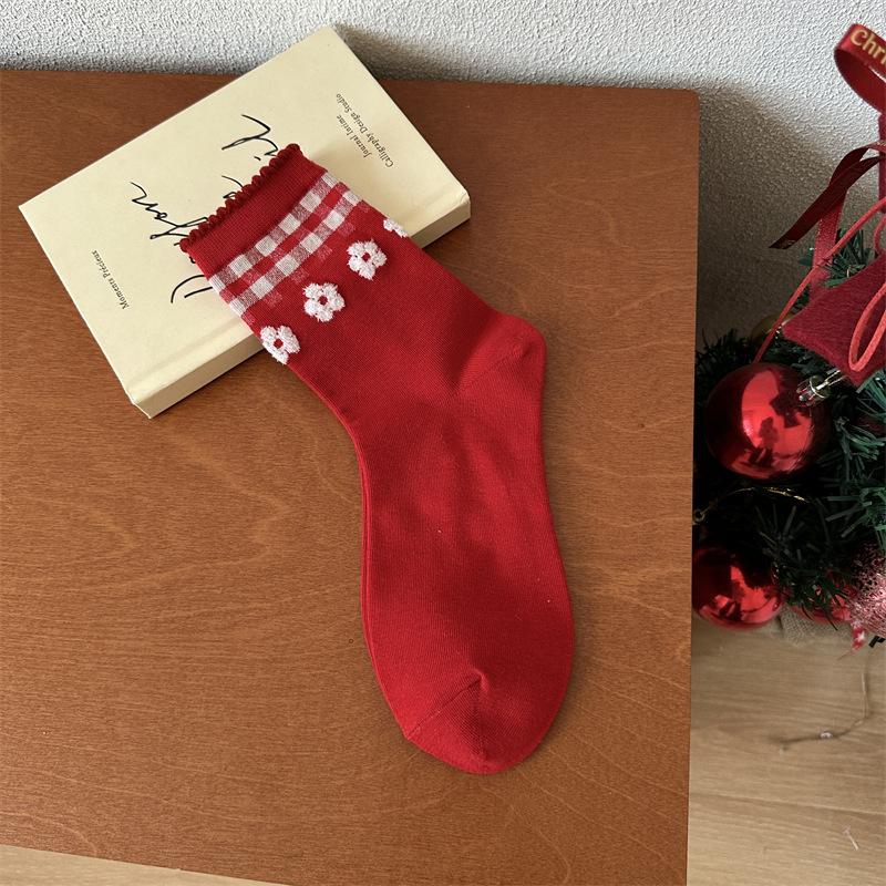 Sign On The Birth Year Big Red New Year'S Socks Female Mori Bow Small Flower Love Women'S Cotton Socks Medium Tube Socks