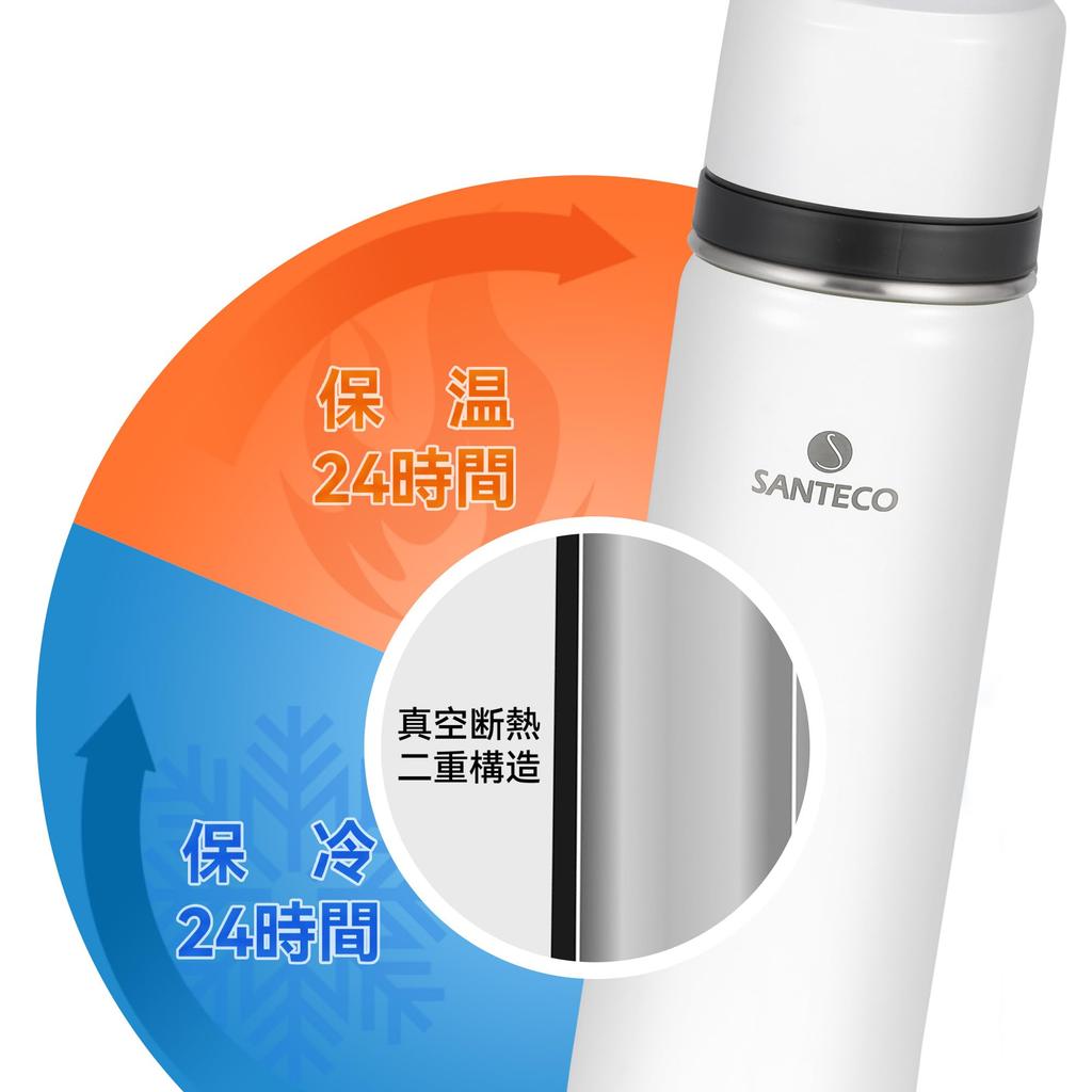 SANTECO Vacuum Insulated Water 1 with 1000ml Stainless Steel Large Keeps Hot or Compatible with Sports White Bottle, Liter, Cup, Thermos, 2-Cup Type,