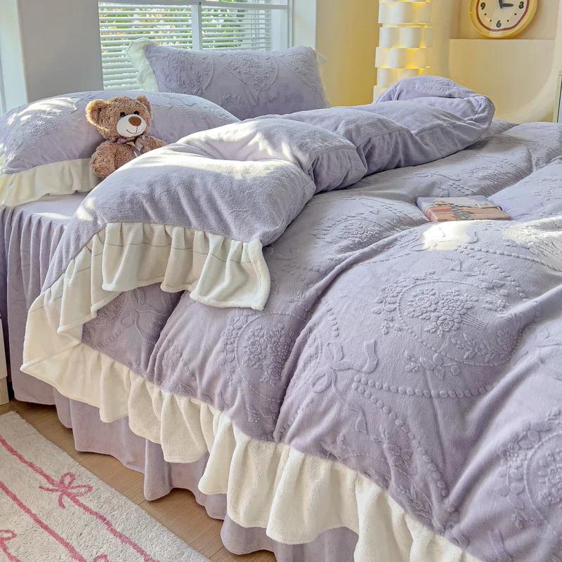 

Warm Carved Milk Fleece Four-piece Winter Thickened Princess Wind Double-sided Fleece Bed Skirt Bed Sheet Bedding 1.8mFitted Sheet 4pc
