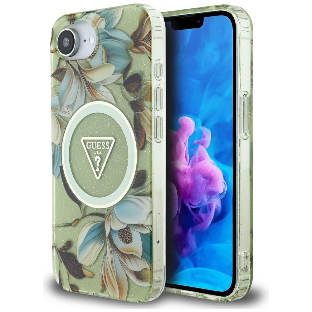 Guess Iml Metal Glitter Flowers Case Triangle Magsafe For iPhone 16E Green