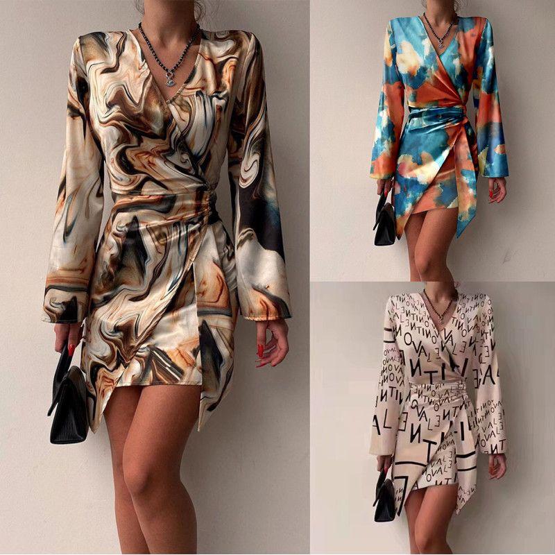 

Amazon Cross-Border Fashion Street Fashion New Arrival Long Sleeves Print Jumpsuit V-neck Sexy Irregular Dress Women Khakis M
