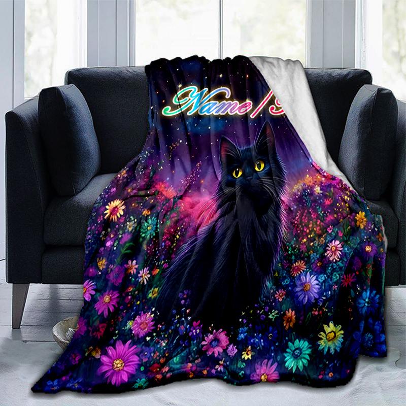 1PC Custom Name Black Cat Flowers Outdooor Flannel Blankets Throw Blanket All-Season Throw Gift Bedspread for Couch, Bed, Camping Holiday Birthday Gif