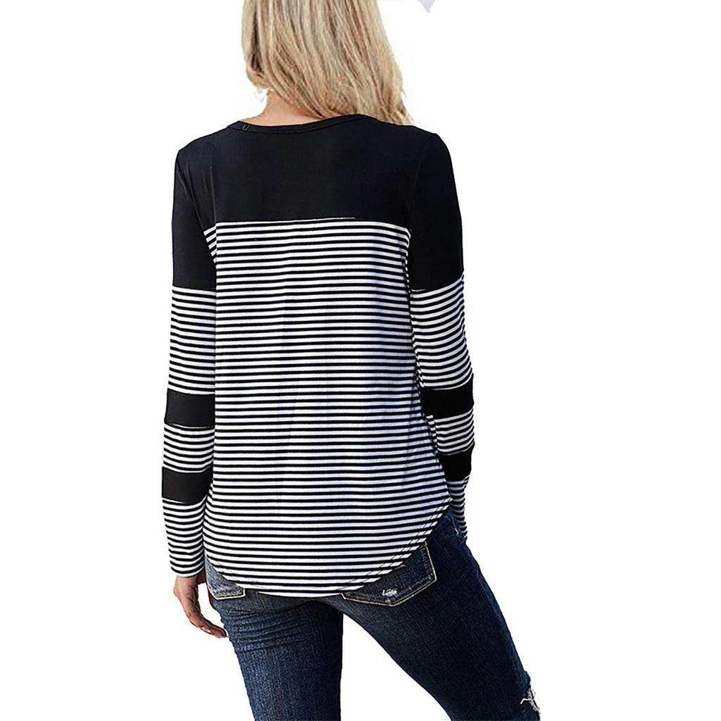 Women's Casual Round Neck Loose Collision Stripes Splicing Long-Sleeved Tops