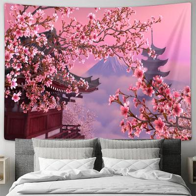 Japanese Cherry Blossom Mount Fuji Pagoda Wall Tapestry Machine Washable All Season Decor Art Print Nature Design Home Nontoxic