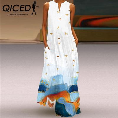 Summer Women's Sleeveless Long V-Neck Printed Jade Flower Dresses
