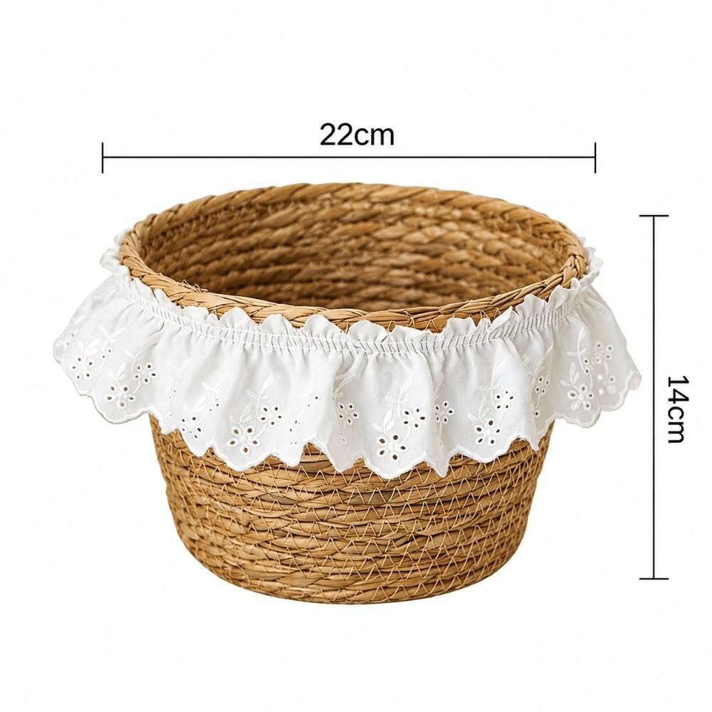 Natural French Style Desktop Woven Basket Oval Round Lace Trim Straw Storage Box Hand Woven Sundries Storage Box Desktop