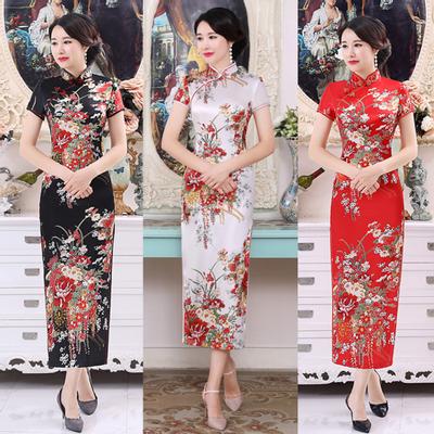 Chinese Style Flower Print Stand Collar Short Sleeve Women Slit Cheongsam Dress