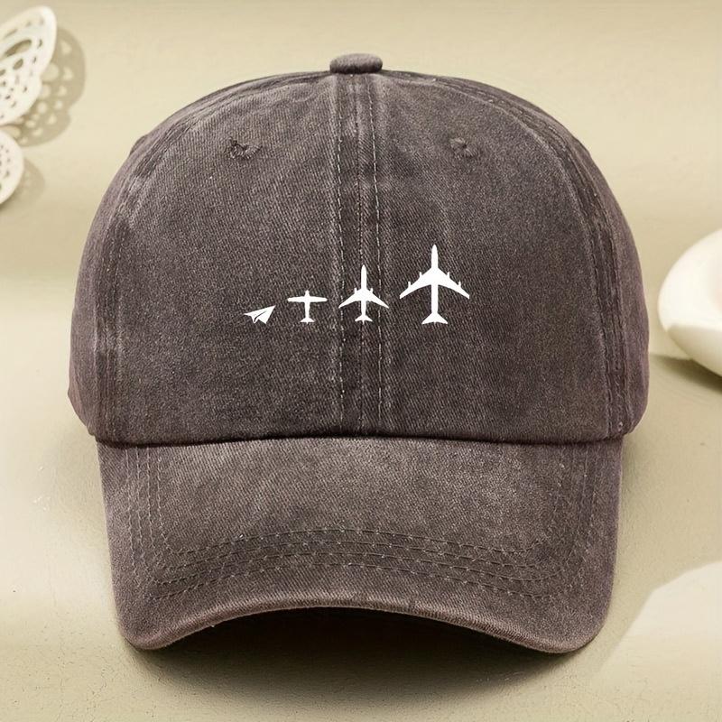 Retro airplane print washed baseball cap adjustable for both men and women, breathable black casual outdoor activity sun hat