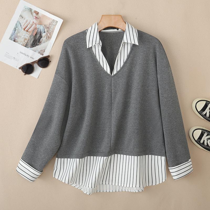 

ZANZEA Женские лоскутные полосатые тонкие осенние толстовки с отложным воротником и длинным рукавом S темно-серого