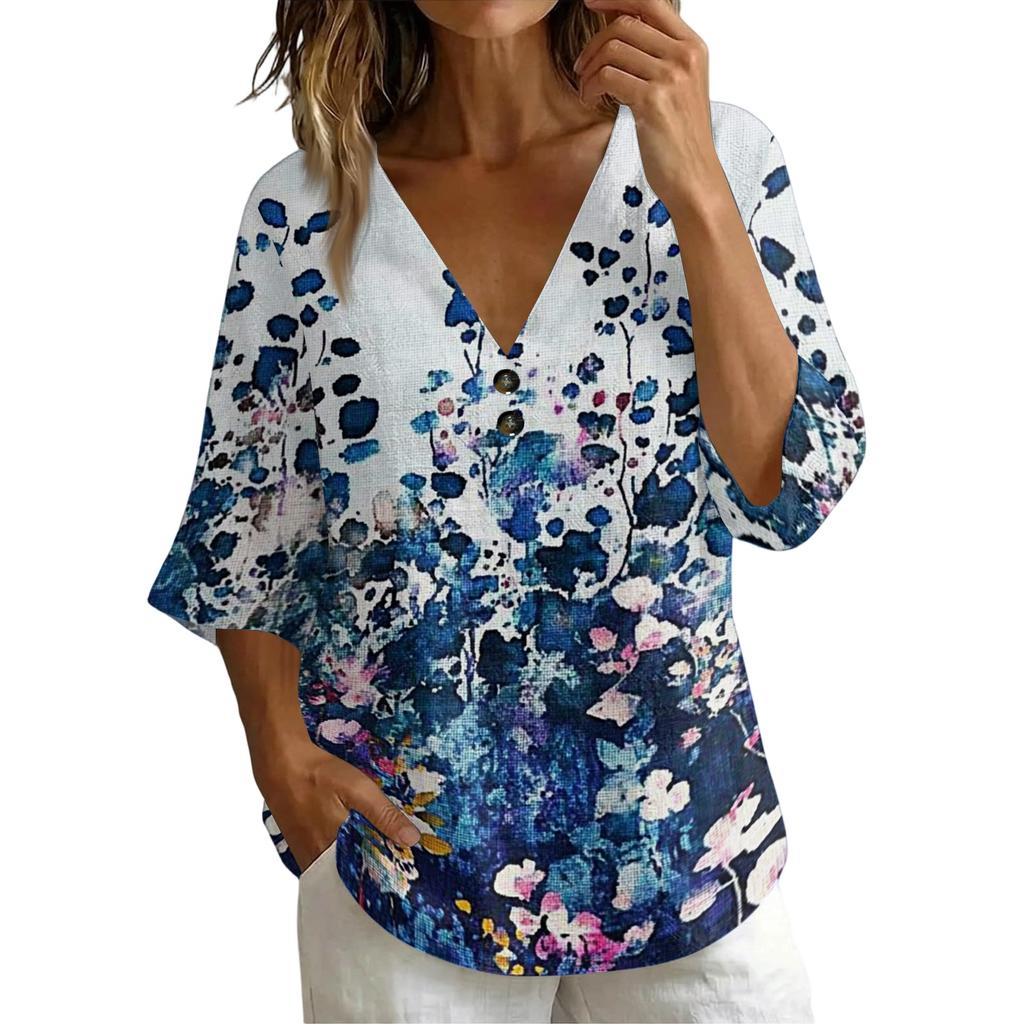Women's Vintage Floral Print V Neck Short Sleeve Loose Fit T Shirt Made with Linen Blend Fabric Casual Summer Top for Daily Wear