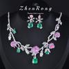Elegantes Damen-Schmuckset Kamelienblüten-Ohrringe und Halskette mit vollen Diamanten und smaragdgrünem Edelstein